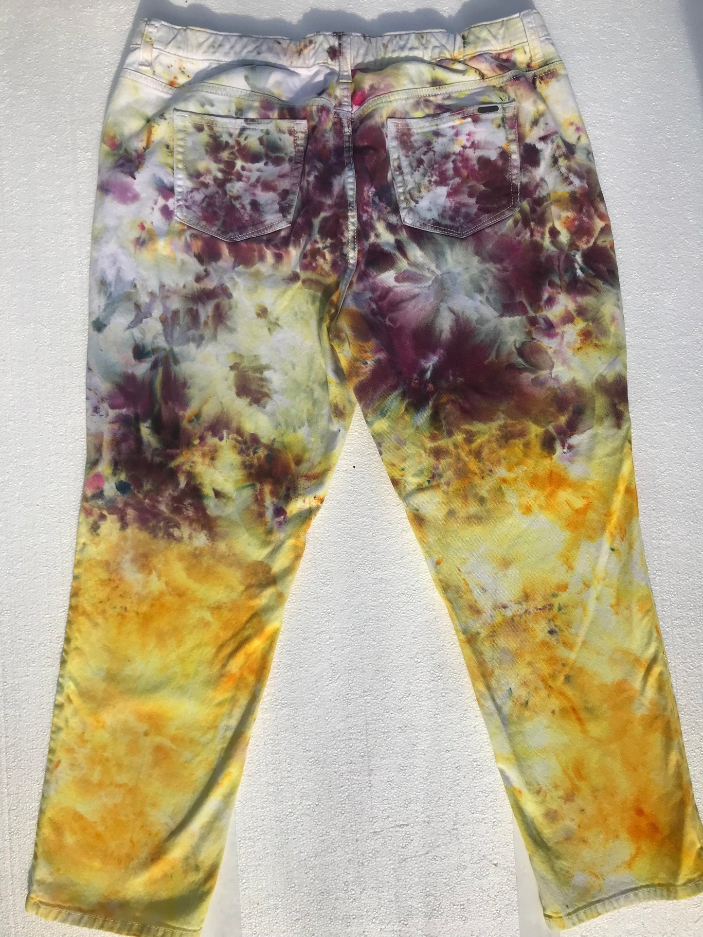 Daffodil Black Cherry Ice Dye Bloom Upcycled Jeans Size 36