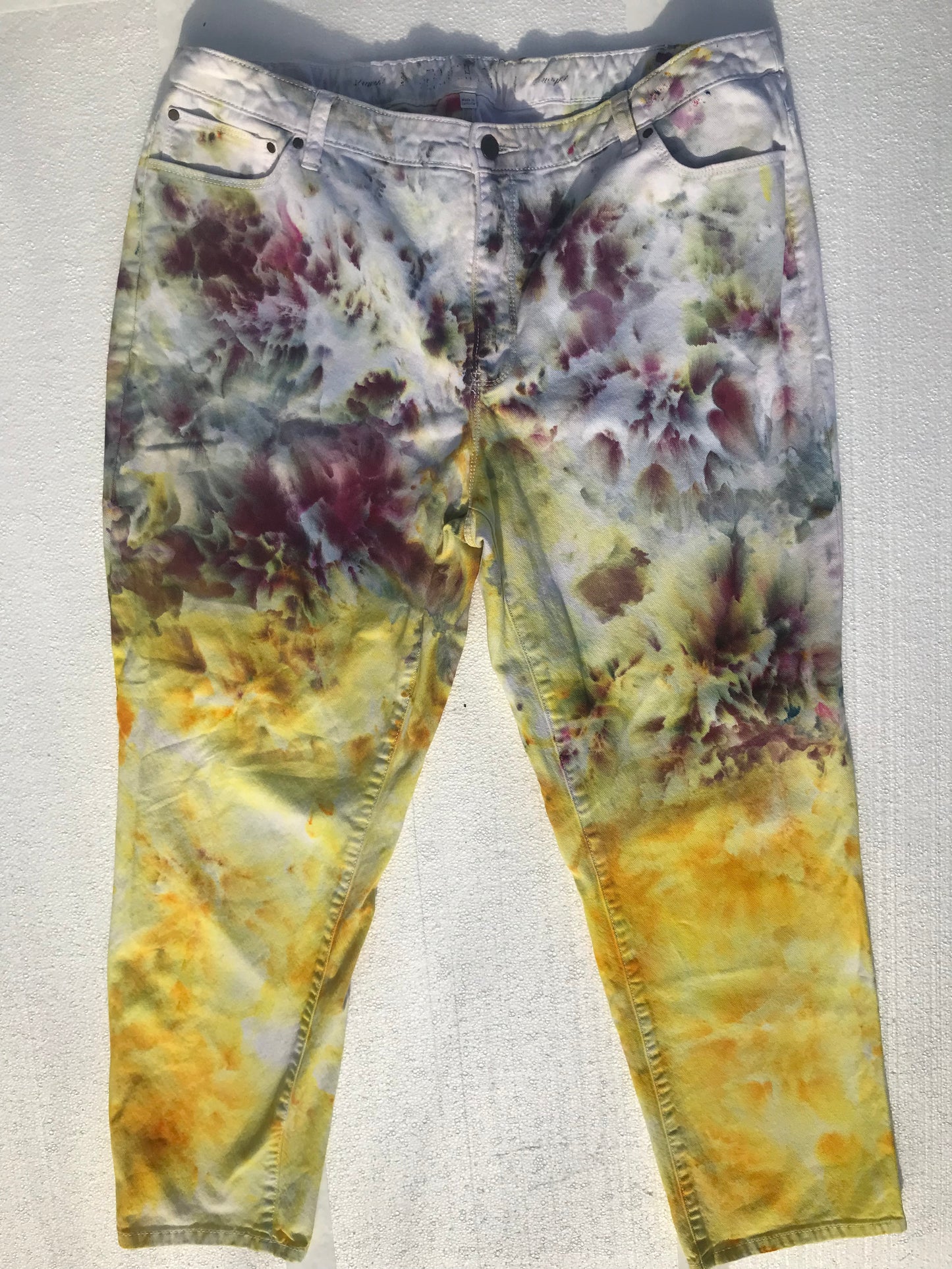 Daffodil Black Cherry Ice Dye Bloom Upcycled Jeans Size 36